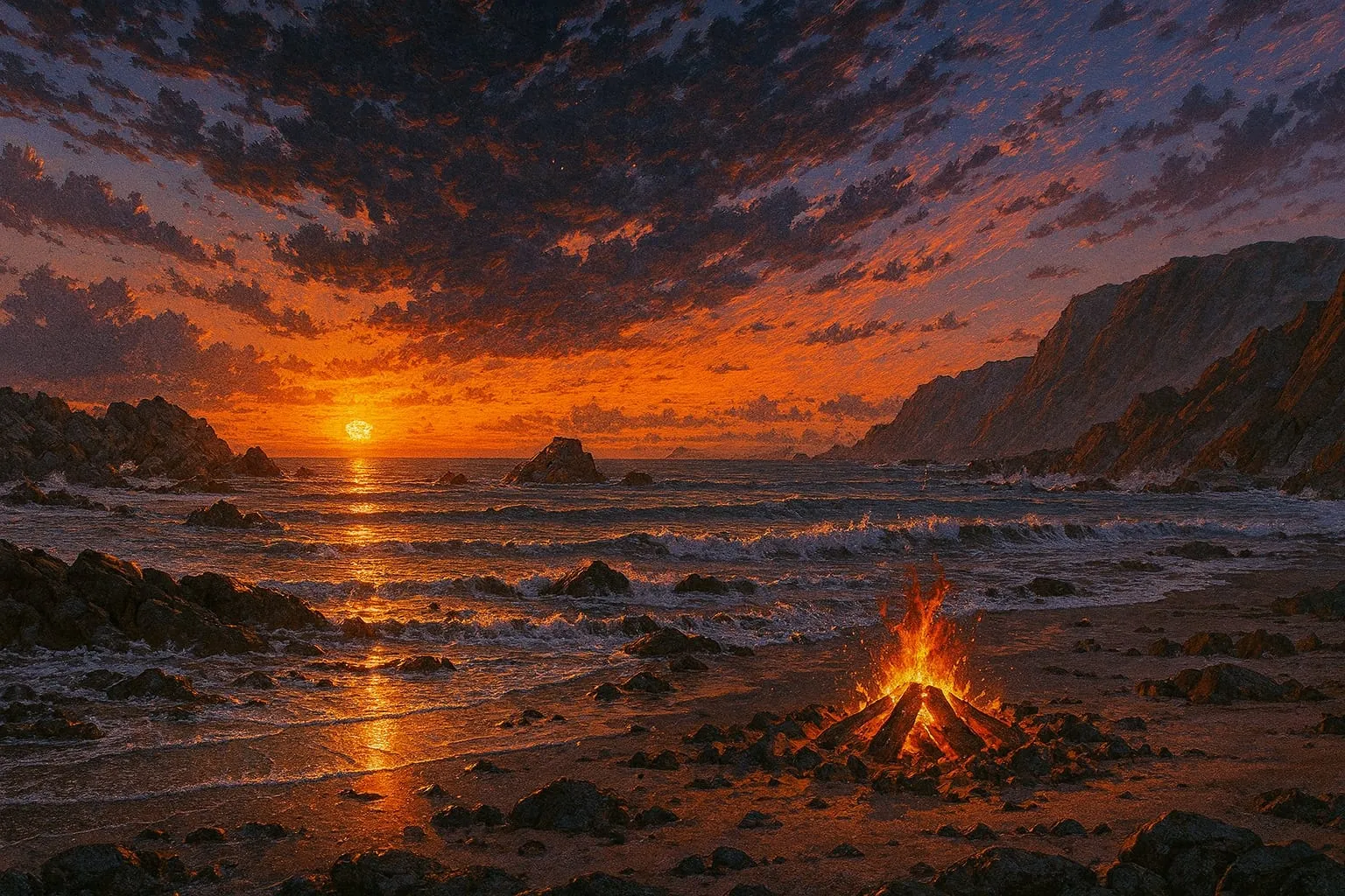 Camp Fire on Beach with Sunset